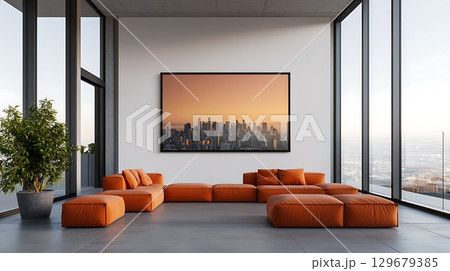 Modern Living Room with Stylish Orange Sofa, Urban Landscape Art, and Large Windows 129679385