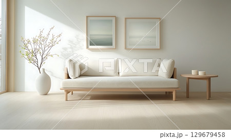 Serene and Minimalist Living Room with Neutral Tones and Natural Light 129679458