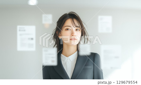リクルートスーツの女性と未来を描く応募書類 129679554