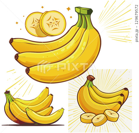 バナナの房とカットされたバナナ 129679572