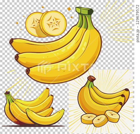 バナナの房とカットされたバナナ 129679572