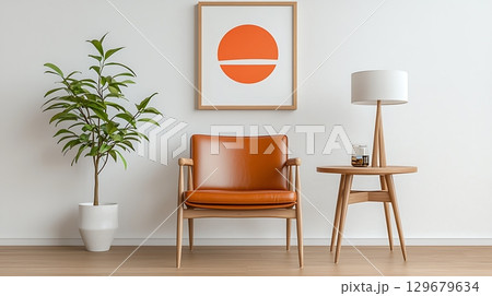 Modern Minimalist Living Room with Stylish Furniture and Warm Color Accents 129679634