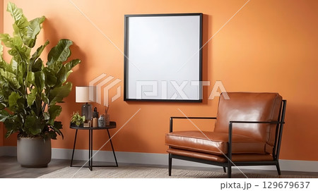Cozy living room with an orange wall, stylish chair, plant, and empty frame for artwork 129679637