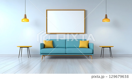 Modern Living Room with Blue Sofa and Yellow Details Under Bright Pendant Lights Modern Living Room with Blue Sofa and Yellow Details Under Bright Pendant Lights 129679638