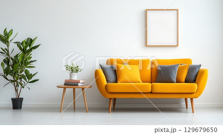 Cozy Modern Living Room with Bright Yellow Sofa, Stylish Table, and Indoor Plants 129679650