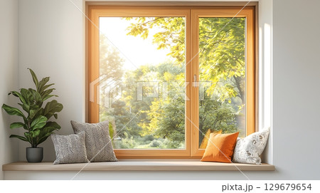 Cozy Window Nook with Soft Cushions and Sunlight Streaming Through Green Outdoors 129679654