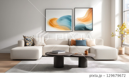 Modern living room design with contemporary sofa and abstract wall art in bright space 129679672