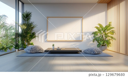 Tranquil Modern Living Space with Minimalist Decor and Natural Light 129679680