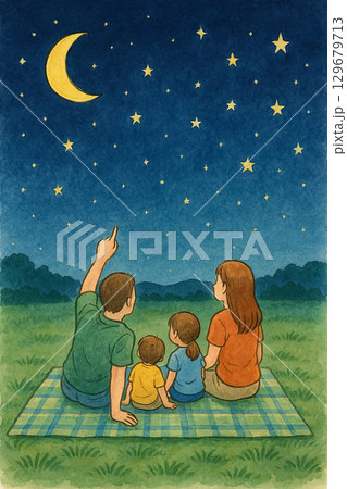 家族で夜空を見上げる星空観賞のイラスト 129679713