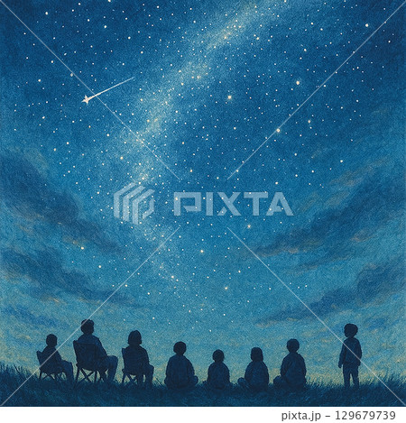 流れ星と天の川を見上げる人々のシルエットイラスト 129679739