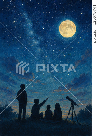 満月と天体観測を楽しむ人々のシルエットイラスト 129679741