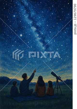 夜空を見上げる人々と天の川の幻想的なイラスト 129679790
