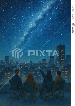 都会の屋上で星空を眺める人々のイラスト 129679795