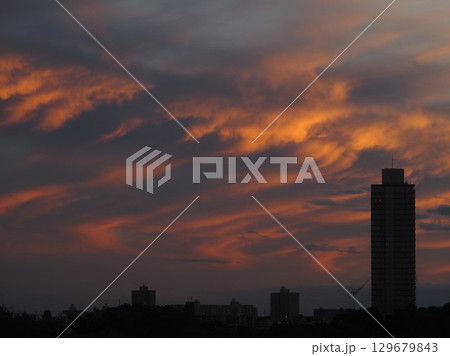 夕日に照らされてオレンジ色に染まる雲 夕日に照らされてオレンジ色に染まる雲 129679843