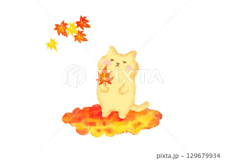 紅葉の葉を持って秋を楽しむかわいい猫の水彩イラスト 129679934