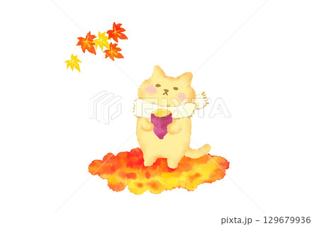 焼き芋を持って秋を楽しむかわいい猫 水彩イラスト素材 焼き芋を持って秋を楽しむかわいい猫 水彩イラスト素材 129679936