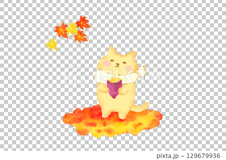 焼き芋を持って秋を楽しむかわいい猫 水彩イラスト素材 焼き芋を持って秋を楽しむかわいい猫 水彩イラスト素材 129679936