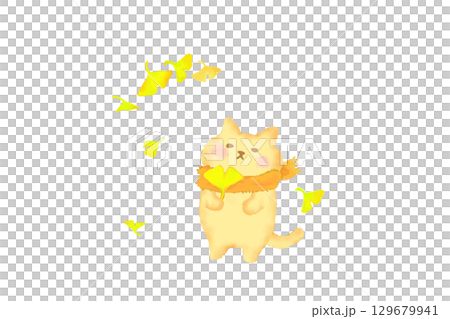 一隻可愛的貓咪拿著銀杏葉享受秋天 — — 水彩畫 129679941