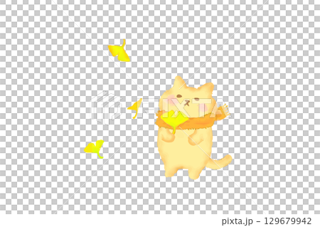 一隻可愛的貓咪拿著銀杏葉享受秋天 — — 水彩畫 129679942