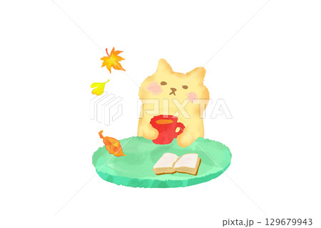 秋　カフェで読書とコーヒーを楽しむかわいい猫　水彩イラスト素材 129679943