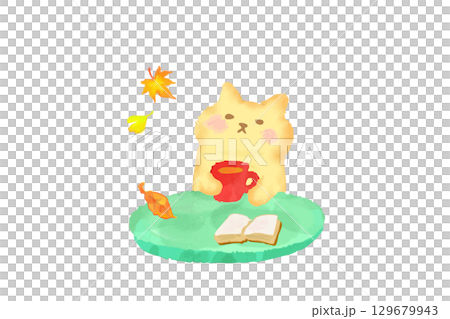 秋　カフェで読書とコーヒーを楽しむかわいい猫　水彩イラスト素材 129679943