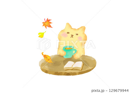 秋 カフェで読書とコーヒーを楽しむかわいい猫 水彩イラスト素材 秋 カフェで読書とコーヒーを楽しむかわいい猫 水彩イラスト素材 129679944