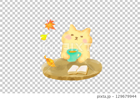 秋 カフェで読書とコーヒーを楽しむかわいい猫 水彩イラスト素材 秋 カフェで読書とコーヒーを楽しむかわいい猫 水彩イラスト素材 129679944