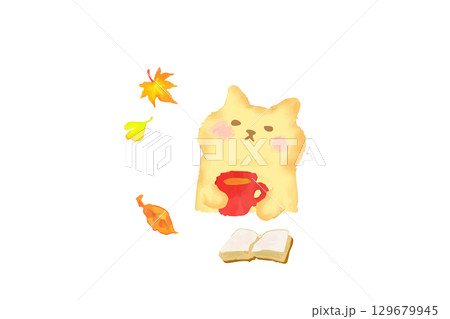 秋 読書とコーヒーを楽しむ猫のかわいい猫 水彩イラスト素材 秋 読書とコーヒーを楽しむ猫のかわいい猫 水彩イラスト素材 129679945