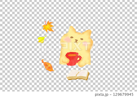 Autumn - Cute cat enjoying reading and coffee - Watercolor illustration 129679945