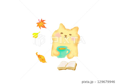 秋 読書とコーヒーを楽しむかわいい猫 水彩イラスト素材 秋 読書とコーヒーを楽しむかわいい猫 水彩イラスト素材 129679946