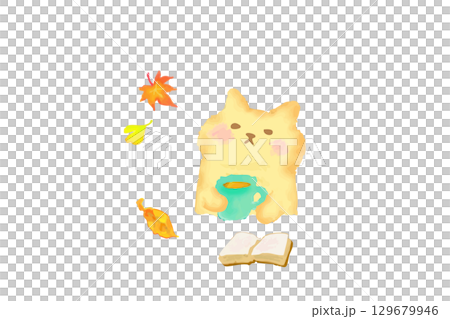 秋 読書とコーヒーを楽しむかわいい猫 水彩イラスト素材 秋 読書とコーヒーを楽しむかわいい猫 水彩イラスト素材 129679946