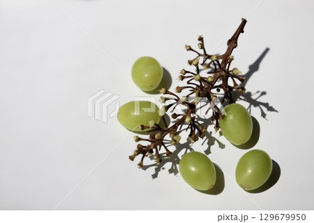 実を外したシャインマスカットの房と粒ブドウ 129679950