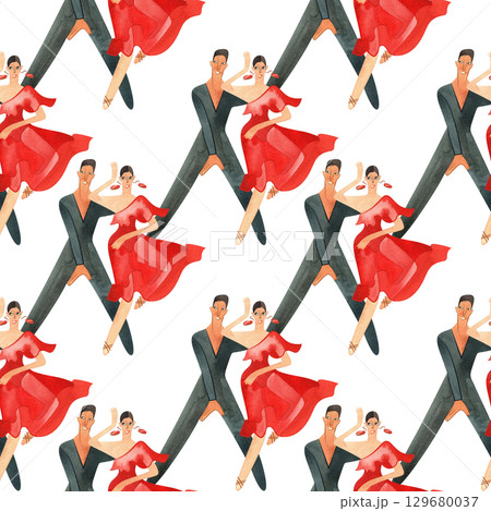 Couples on the parquet dancing La. Professional dancers on the performance. Seamless watercolor pattern for the design of the corporate identity of the brand of the dance school for adults. 129680037