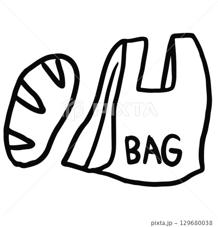 Hand drawn tote bag with bread loaf outline for kid colouring book, art, bakery, pastry, grocery shopping, supermarket, market, mart, picnic, spring, summer, park, patch, sticker, no plastic bag	 129680038
