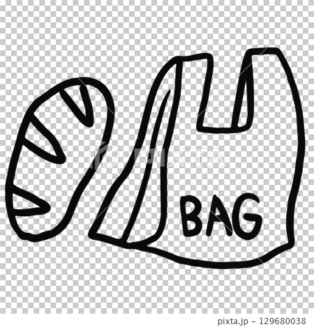 Hand drawn tote bag with bread loaf outline for kid colouring book, art, bakery, pastry, grocery shopping, supermarket, market, mart, picnic, spring, summer, park, patch, sticker, no plastic bag	 129680038