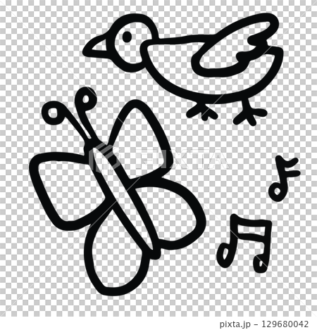 Hand drawn outline of bird, butterfly, music melody for kid colouring book, animal, zoo, souvenir shop, cartoon character, comic, mascot, sticker, trip, travel, vacation, good morning, nature, garden	 129680042