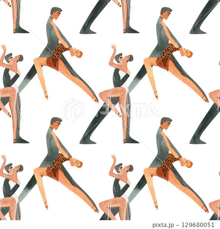 Couples on the parquet dancing La. Professional dancers on the performance. Seamless watercolor pattern for the design of the corporate identity of the brand of the dance school for adults. 129680051
