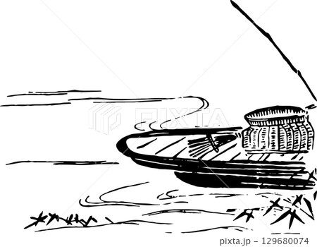 川と船と魚籠 129680074