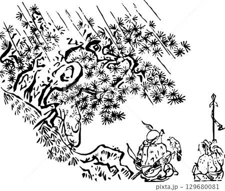 木の下で雨宿りする鷹匠 129680081