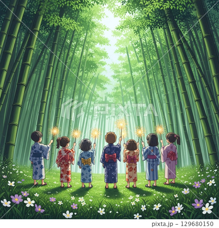 竹林の中の夏の遊び 129680150