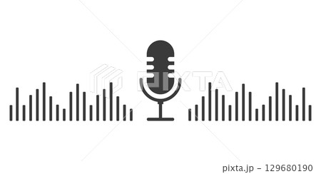 Podcast icon audio voice record, music wave. Microphone symbol, talk, speech. Voice record button or audio call. Retro simple icon. 129680190