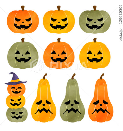 水彩で描いたハロウィンのかぼちゃセット 129680509