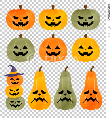 水彩で描いたハロウィンのかぼちゃセット 129680509