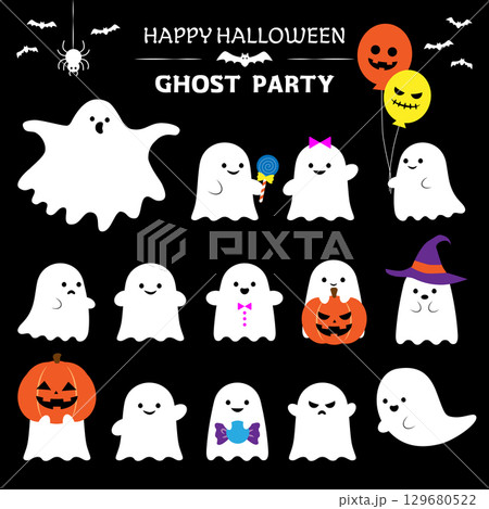 ハロウィンのかわいい手描きお化けイラストセット ハロウィンのかわいい手描きお化けイラストセット 129680522