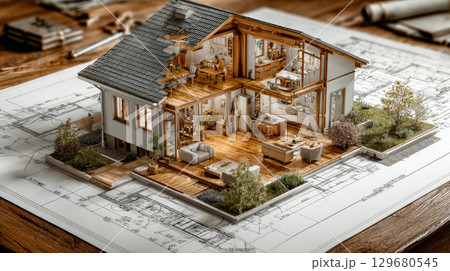 3D Rendering of House Construction on Blueprints - Detailed Architectural Project. Generative AI 129680545