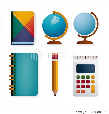 Colorful illustration of assorted school supplies, including notebooks, globes, a pencil 129680583