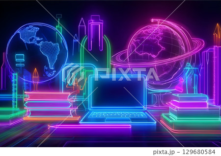 Futuristic neon illustration depicting a workspace with a glowing laptop, stacks of books, and globes. 129680584