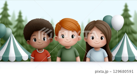 A colorful illustration of three children standing outdoors at a festive event with balloons, tents 129680591
