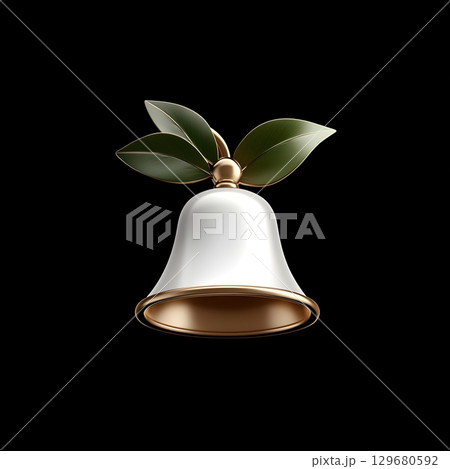 A sleek, modern 3D illustration of a glossy bell adorned with green leaves. 129680592