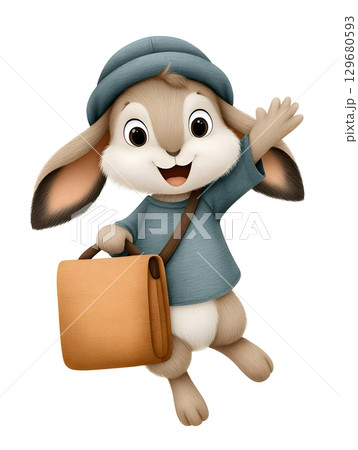 An adorable anthropomorphic rabbit character waving, dressed in blue clothing 129680593